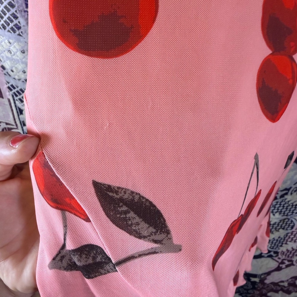 Pink Red Cherry Print Ruffle Hem Above the Knee Dress Size M - Picture 6 of 11